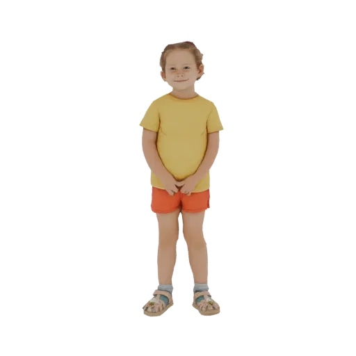 Modèle 3D d'un jeune garçon aux cheveux blonds, portant un t-shirt jaune et un short orange, debout et souriant.