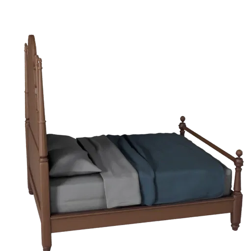 Canopy Queen Bed 3D model, bedroom, three-quarter front view, Unreal Engine viewport, fabric detail.