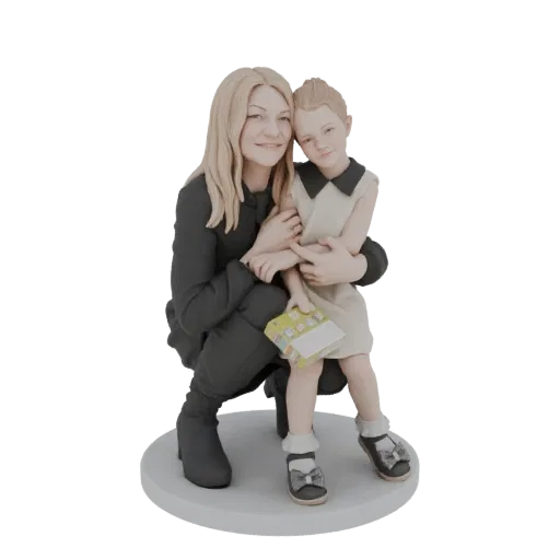 Modelo 3D de mãe loira agachada abraçando filha loira, que segura um livro.