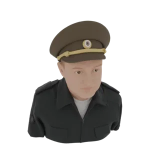 Rendering di modello 3D di busto di ufficiale militare con uniforme scura e cappello, su sfondo bianco.