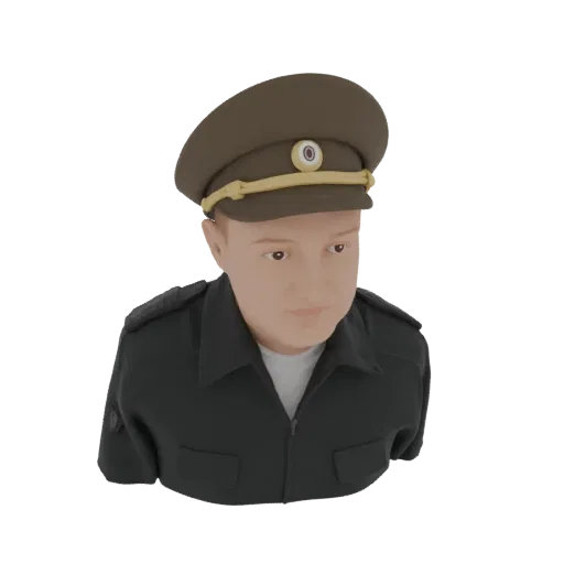3D-Modell-Rendering einer Offiziersbüste in dunkler Uniform und Mütze vor weißem Hintergrund.