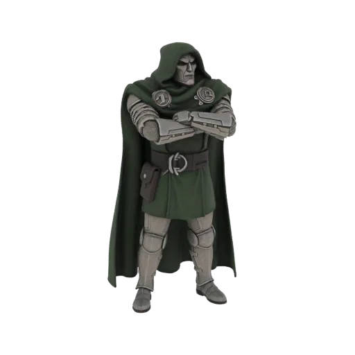 3D model of Doctor Doom standing with arms crossed, wearing his signature green cape and metallic armor.
