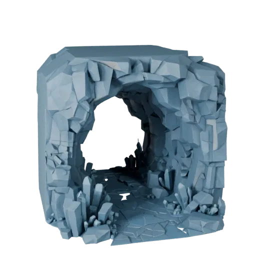 Crystal Cavern Room Low Poly 3D model, game viewport three-quarter view, showing aged stone, built remnants.