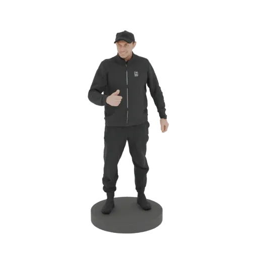 Modelo 3D de homem de agasalho e boné pretos, em pé sobre uma base cinza e fazendo um gesto de joinha.