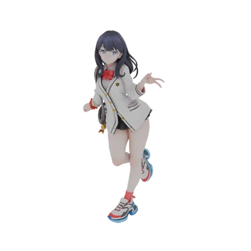 3D model of an anime girl wearing a white school blazer, dark skirt, red bow tie, and colorful sneakers, in a dynamic, mid-st