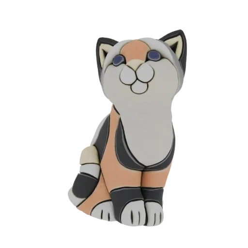 3D model of a cute calico cat figurine sitting with a sweet expression and distinct color patches.