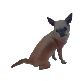 Ein 3D-Modell eines tanfarbenen Chihuahua-Hundes, der seitlich sitzt und schaut, mit großen Ohren und einem neugierigen Ausdr