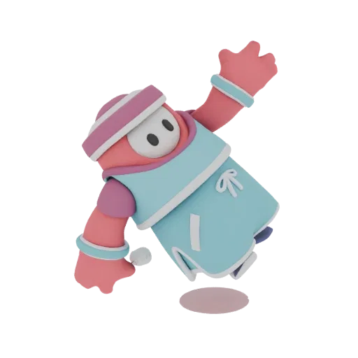 3D model of a pink Fall Guy character wearing a blue vest and pink headband, striking a dynamic pose with one arm raised.