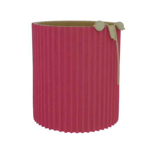 A 3D render of a fluted pink bucket with a light yellow dripping detail on its rim, set against a black background.