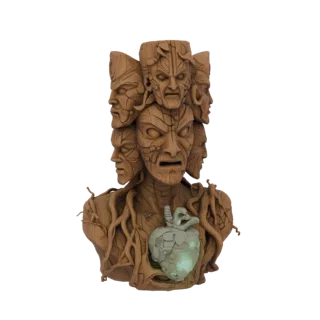 3D model of a grotesque wooden idol bust with multiple screaming faces, intertwined roots, and a glowing green heart artifact