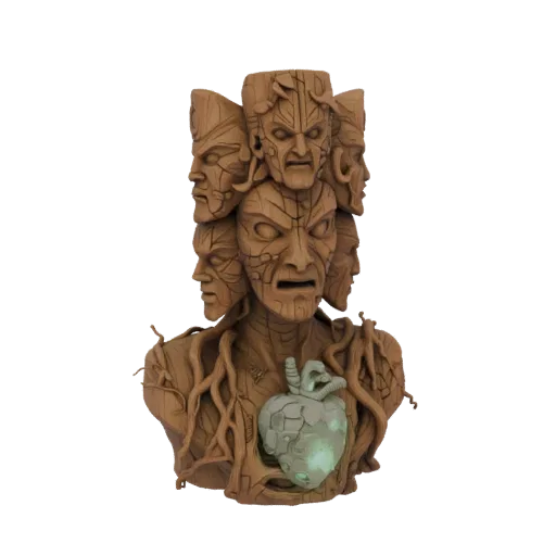 3D model of a grotesque wooden idol bust with multiple screaming faces, intertwined roots, and a glowing green heart artifact