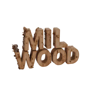 MILWOOD 3D Volumentext-Modell, Buchstaben aus Holz mit Rinden- und Sägemehltextur, zweizeilig angeordnet.