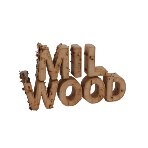 Modello 3D testo MILWOOD, lettere in legno con texture di corteccia e segatura, disposte su due righe.