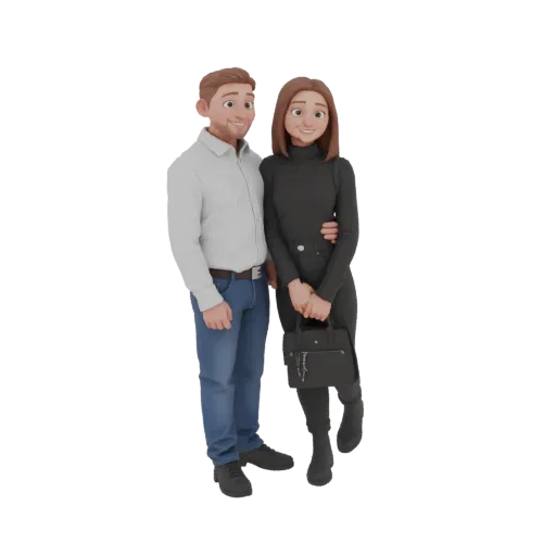 3D model of a smiling couple, a man in a white shirt and jeans with his arm around a woman in a black dress, posing together.