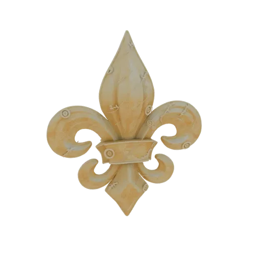 A 3D render of a textured golden fleur-de-lis emblem against a black background.