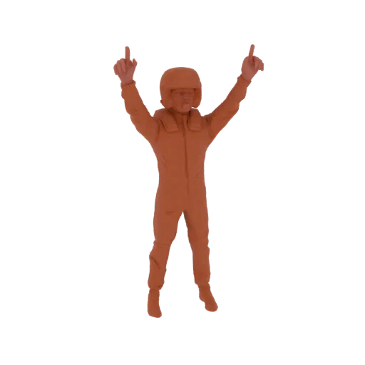 Modèle 3D d'une figure de pilote orange avec les bras levés et les index pointant vers le haut, portant un casque et une comb