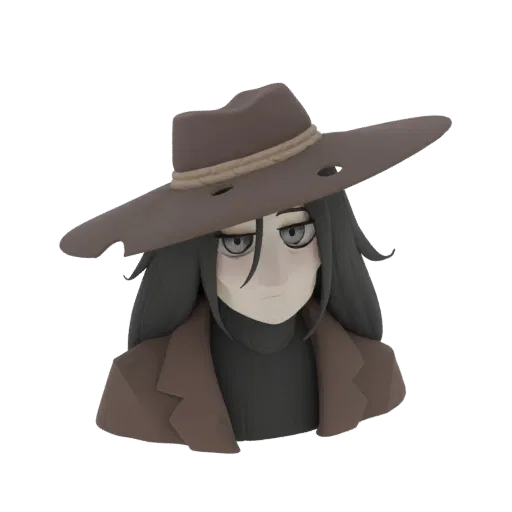 3D model of a character with long dark hair, wearing a torn brown cowboy hat and a brown jacket.