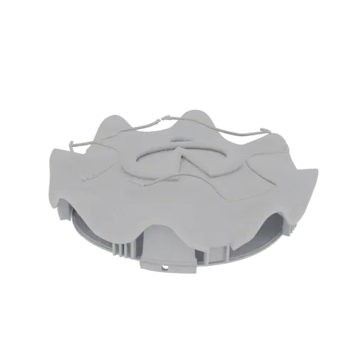 3D model of a gray hubcap with a complex, wavy geometric pattern across its surface.
