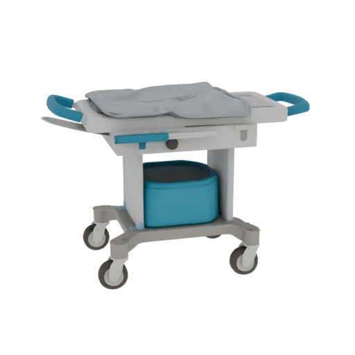 Carrello Medico Chirurgico Modello 3D Realistico, rendering in studio tre quarti, che mostra metallo verniciato, silhouette c