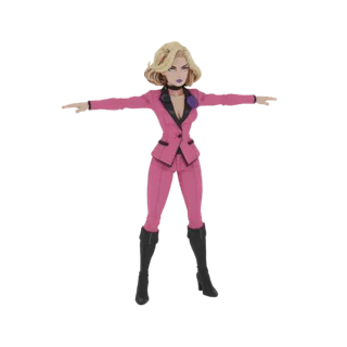 3D model of a stylized woman with blonde hair and purple lipstick, wearing a pink suit and black boots, in a T-pose.