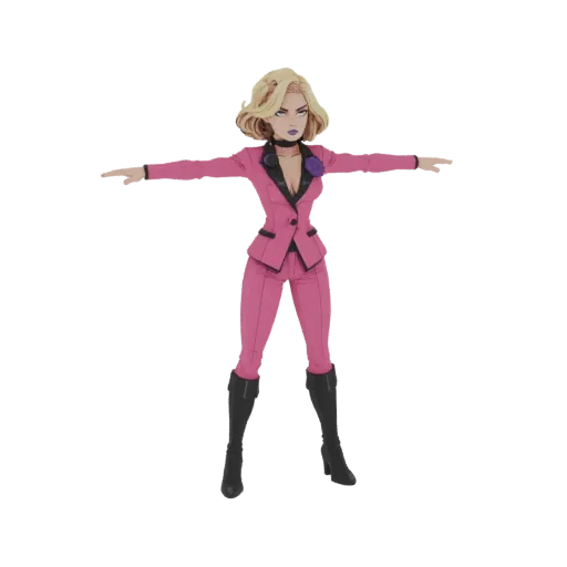 3D model of a stylized woman with blonde hair and purple lipstick, wearing a pink suit and black boots, in a T-pose.