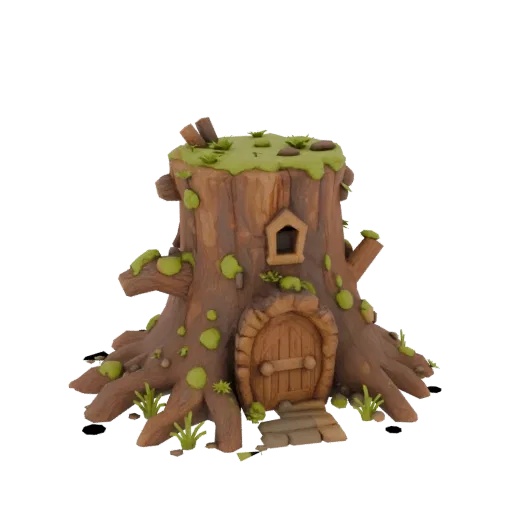 Modèle 3D de maison champignon style dessin animé avec porte ronde en bois, toit moussu et racines détaillées, sur fond blanc