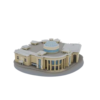 Modello 3D di un edificio classico a rotonda con una grande cupola di vetro e colonne circostanti, su sfondo bianco.