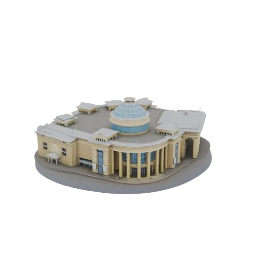 Modèle 3D d'un bâtiment de rotonde classique avec un grand dôme en verre et des colonnes environnantes, sur fond blanc.