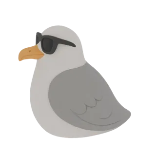 3D model of a stylized seagull wearing black sunglasses, with grey wings and an orange beak, against a white background.