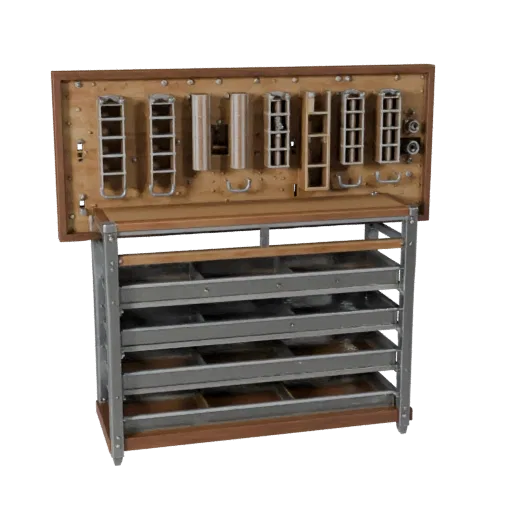 Garage Parts Rack High Poly 3D model, close-up studio render, showing steel frames, stable fixtures.