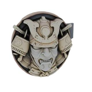 3D model of a detailed samurai mask with a helmet, designed as a buckle.