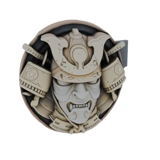 Modèle 3D d'un masque de samouraï détaillé avec un casque, conçu comme une boucle.