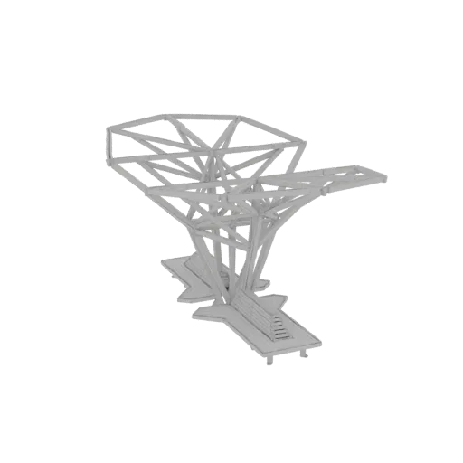 3D-Modell eines modernen geometrischen Pavillons mit komplexem Gitterdach und skulpturaler Basis, in Grau gerendert.