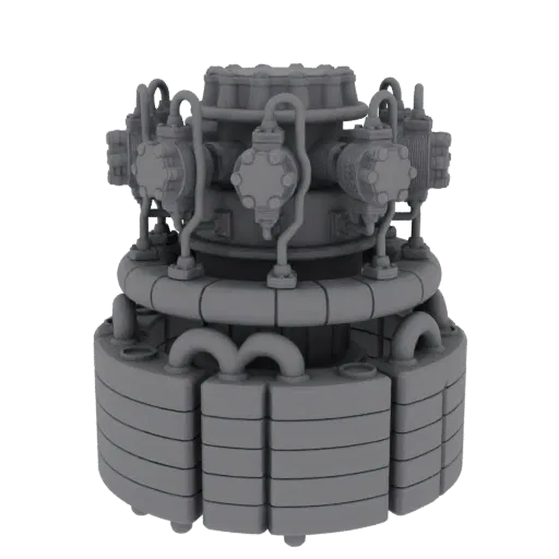 3D-Modell einer komplexen industriellen Turbine mit komplizierten Leitungen und einer segmentierten Basis, gezeigt in einem n