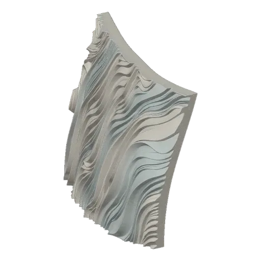 3D render of a flowing, organic surface with intricate wavy patterns, presented in a light gray material.