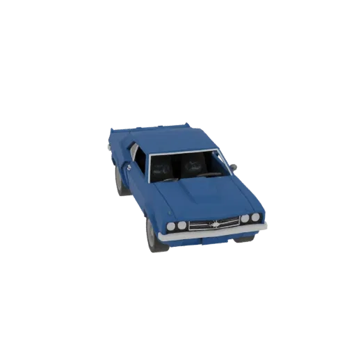 A 3D render of a low-poly, dark blue 1970s-style muscle car hardtop coupe, viewed from a slightly elevated front-right angle.