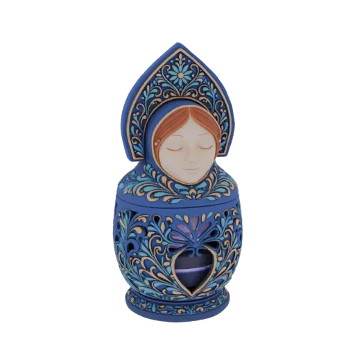 3D model of a blue Matryoshka doll lantern with intricate floral cutouts and a serene face, displayed against a white backgro