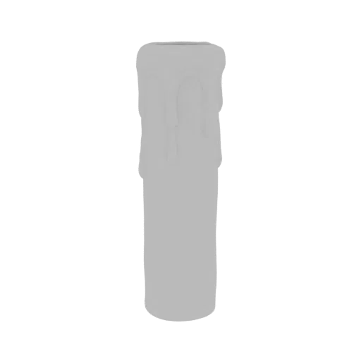 A 3D render of a grey, unlit candle with realistic wax drips flowing down its sides against a white background.