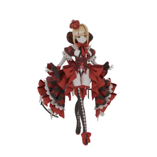 3D model of an anime-style Queen of Hearts figure in a red and black harlequin dress, with blonde hair and a red crown.