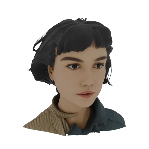 AI-generated 3D model of a young woman with short black hair, looking slightly to the side with a neutral expression.