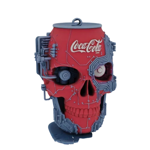 3D model of a red Coca-Cola can transformed into a detailed cyberpunk skull with mechanical eye and circuitry.