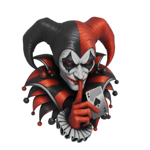 A 3D render of a sinister jester bust wearing a red and black costume, holding an Ace of Spades and shushing.