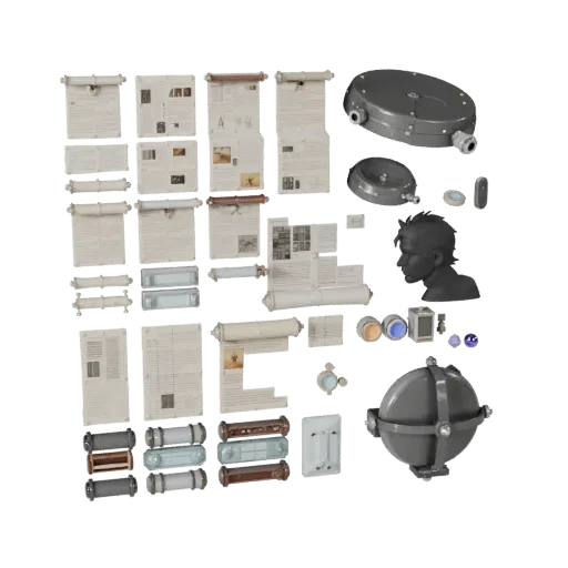 Urban Scroll Bundle Modular 3D model, isometric modular kit view, showing paper-like cards, small readable forms.
