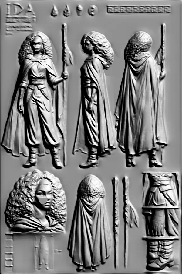 Modèle 3D du bas-relief "Guerrière au bâton" style antique, vue de face, de profil et de dos
