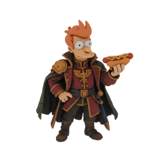 Modèle 3D de Fry de Futurama déguisé en général spatial, tenant un hot-dog à la moutarde.