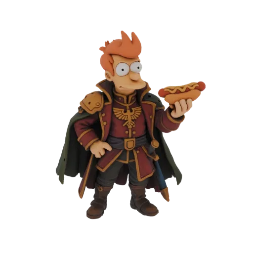 Modèle 3D de Fry de Futurama déguisé en général spatial, tenant un hot-dog à la moutarde.