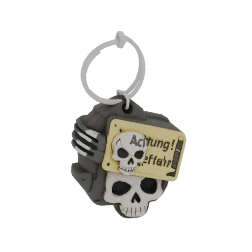 3D model of a skull keychain with "Achtung! Lebensgefahr" plaque on a black background