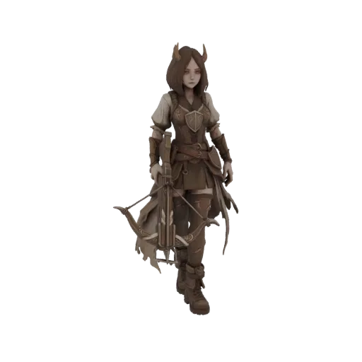 3D model of a fantasy female archer with a crossbow, wearing leather armor and small horns.