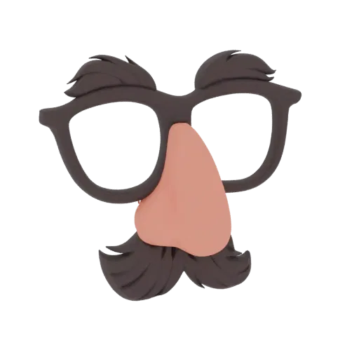 A 3D render of a novelty disguise featuring large black glasses, a pink nose, and a dark brown mustache against a black backg