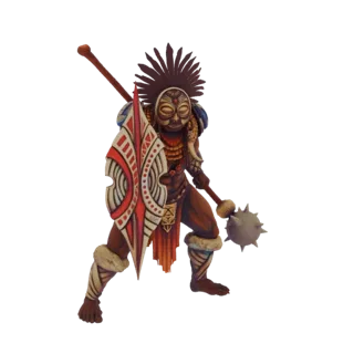 Modelo 3D de guerreiro tribal usando máscara e cocar, segurando clava de espinhos e escudo com padrões, em pose de combate.